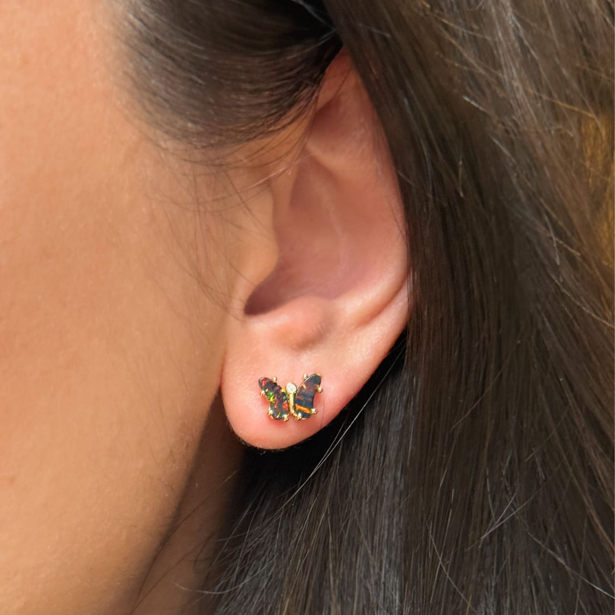 butterfly earrings with lab grown opal in 14k gold gold plated sterling silver black opal