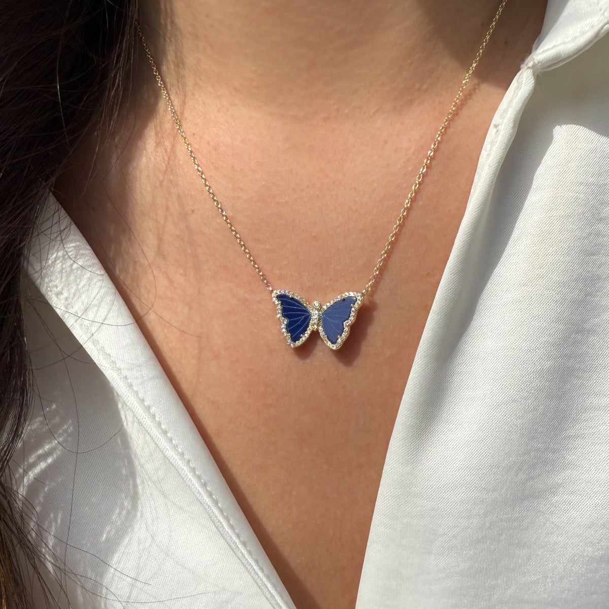 blue lapis butterfly necklace with crystals gold