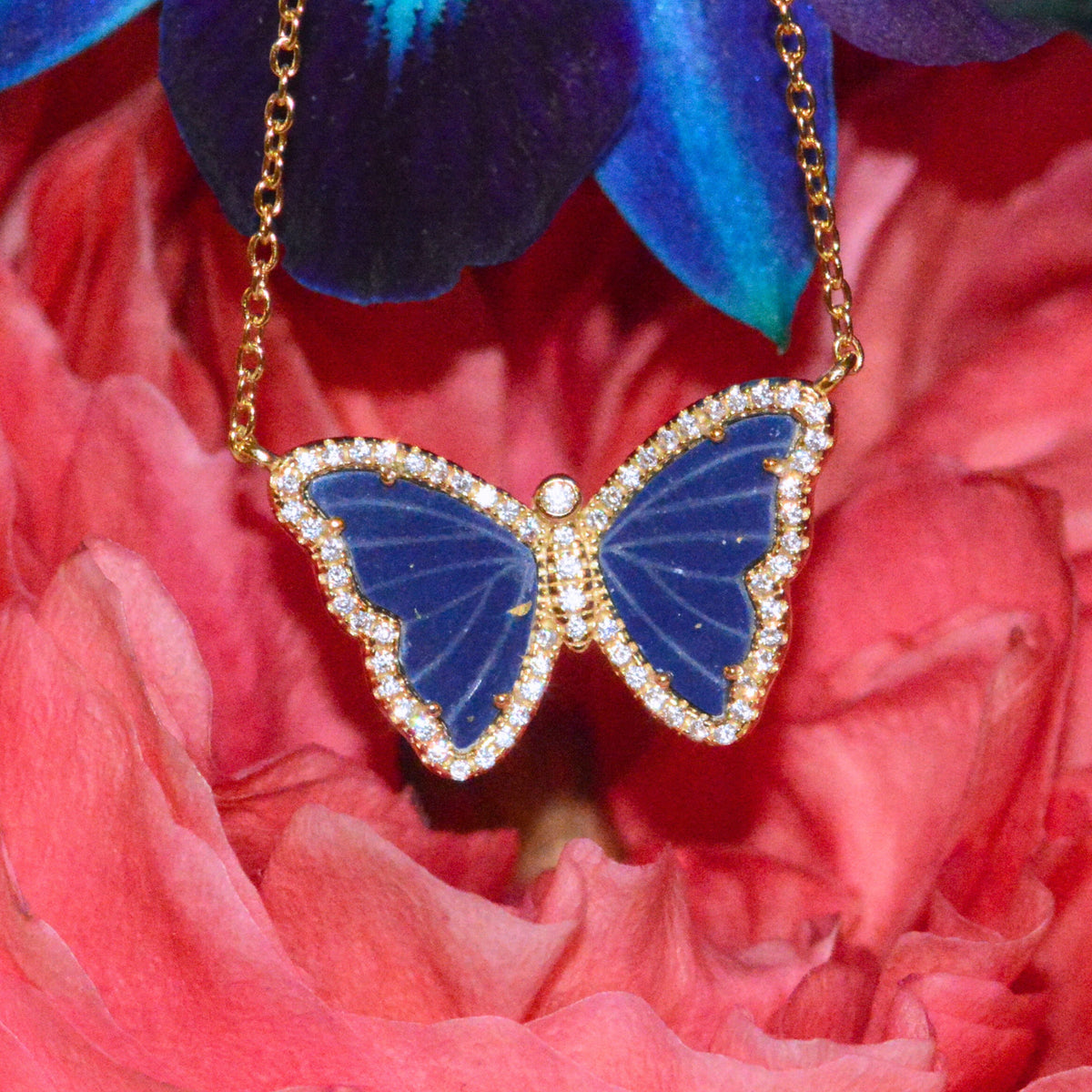 blue lapis butterfly necklace with crystals gold