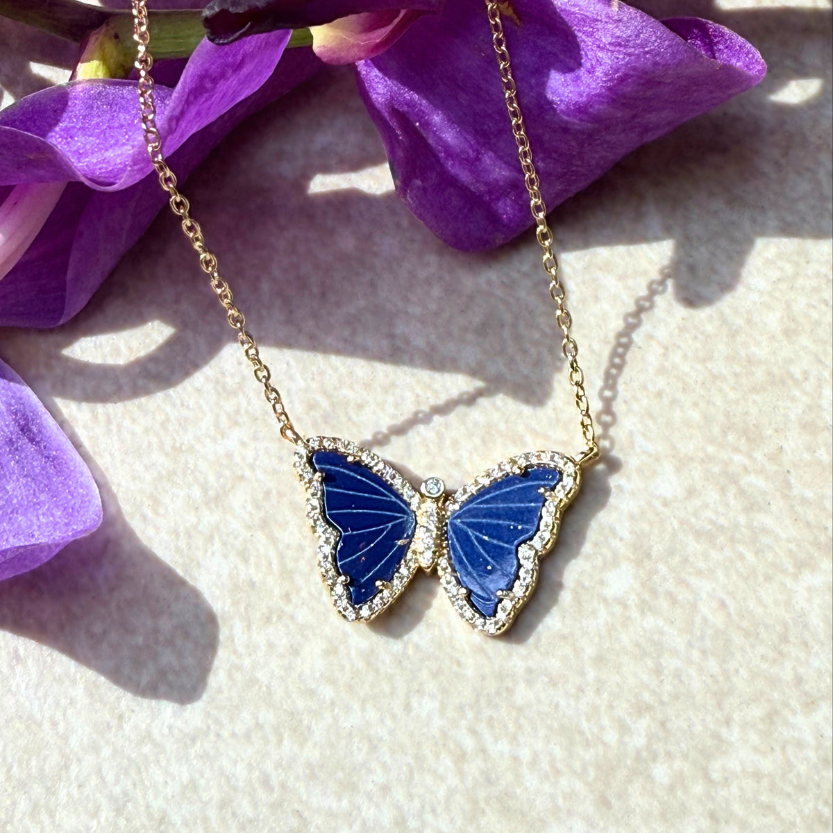 blue lapis butterfly necklace with crystals gold