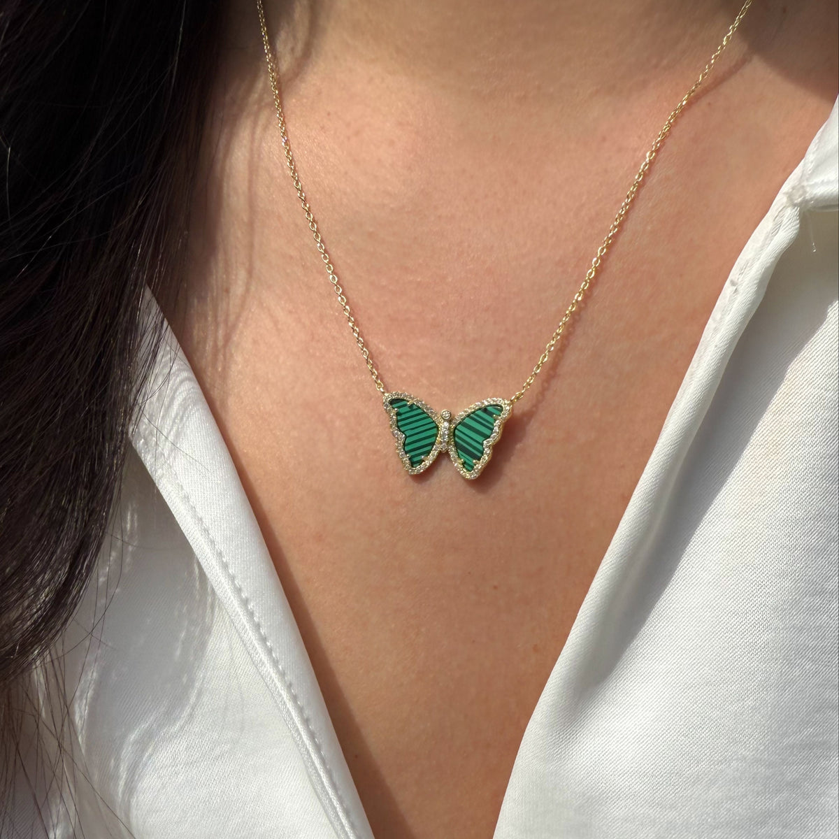 malachite butterfly necklace with crystals gold