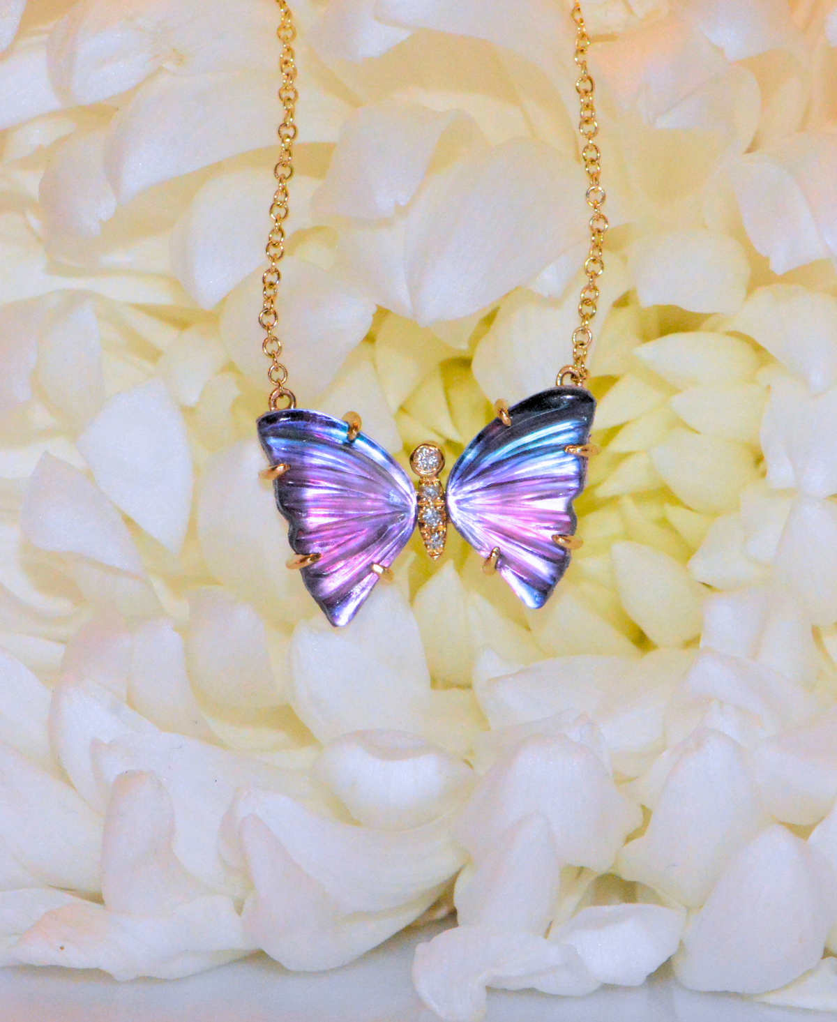 Cat Eye Purple Amethyst Pearl Diamond Butterfly Necklace with Prongs