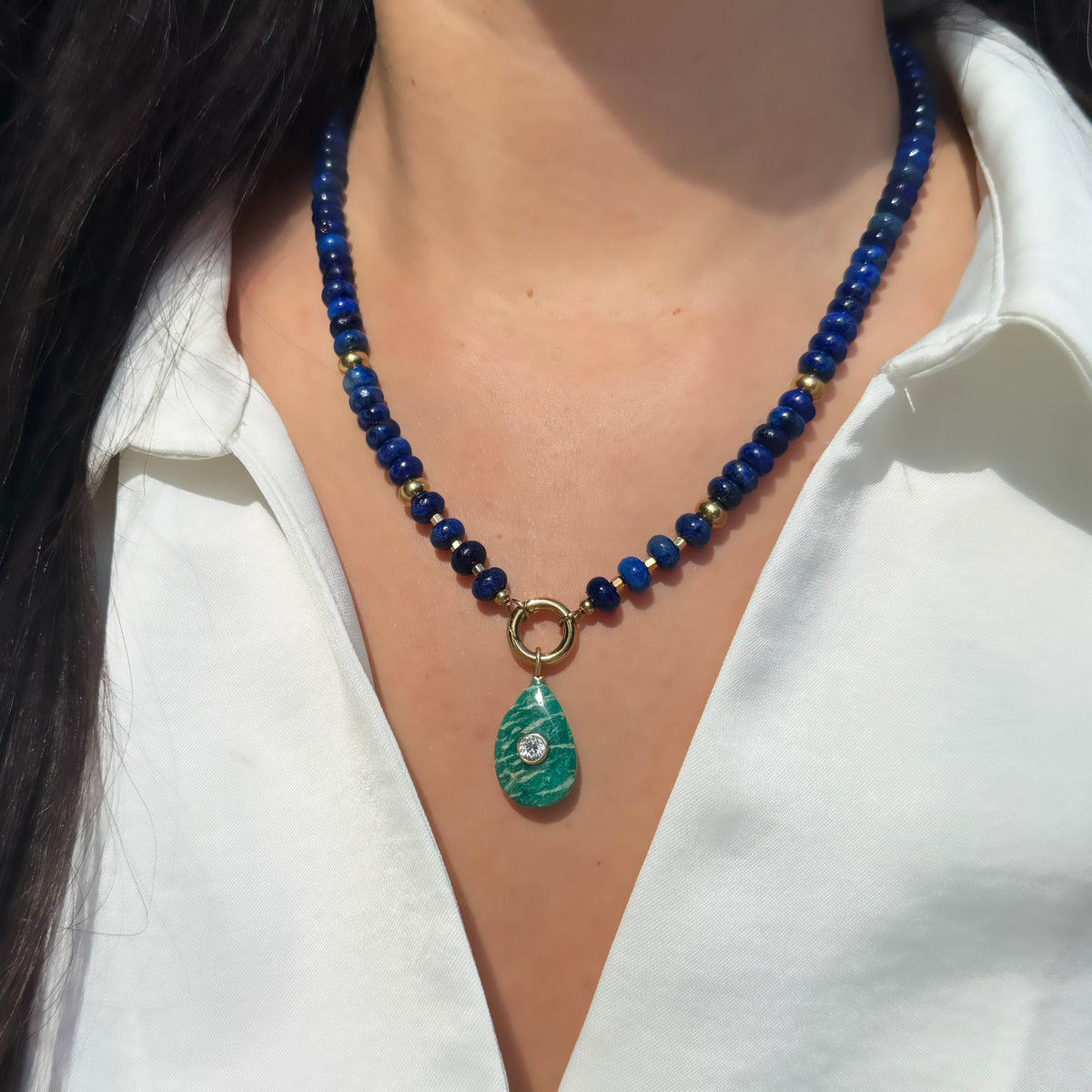 Chatoyant Amazonite Pendant and Raya Gemstone Necklace Lapis Lifestyle