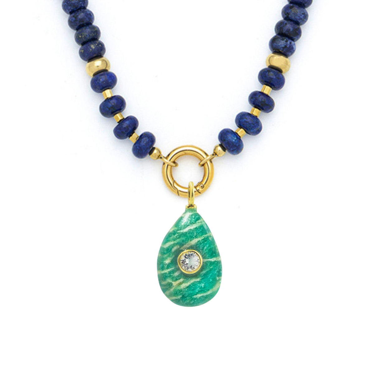 Chatoyant Amazonite Pendant and Raya Gemstone Necklace Lapis