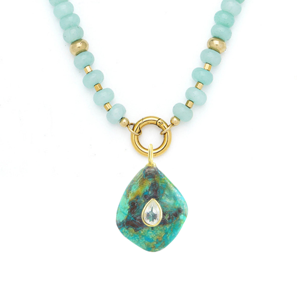 Chrysocolla Pendant and Raya Gemstone Necklace Amazonite