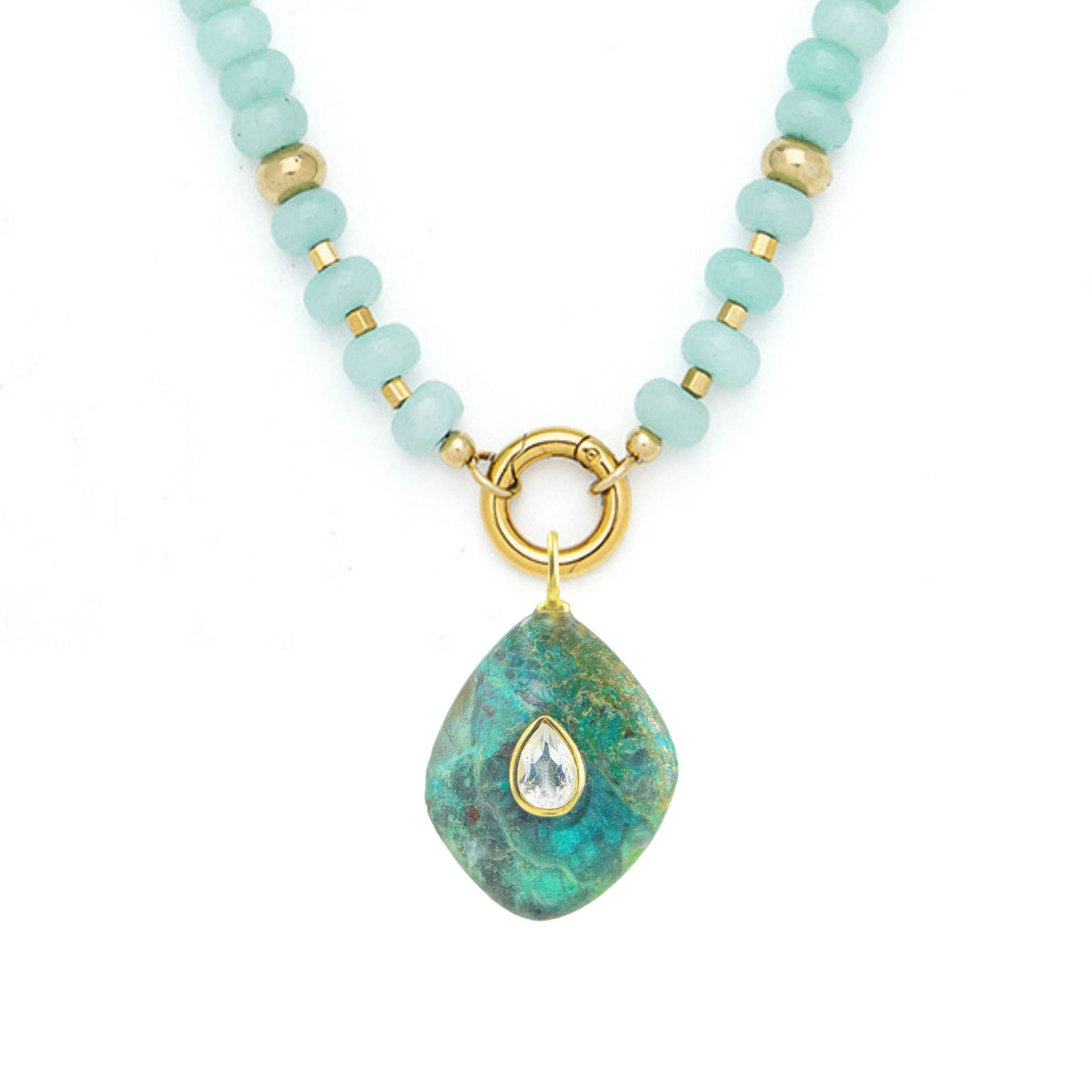 Chrysocolla Pendant and Raya Gemstone Necklace Amazonite