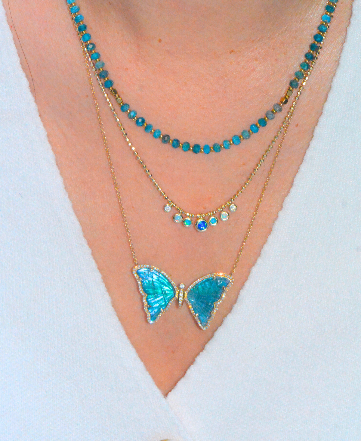 Deep Blue Tropical Ocean Tourmaline and Pearl Doublet Butterfly Necklace with Diamonds