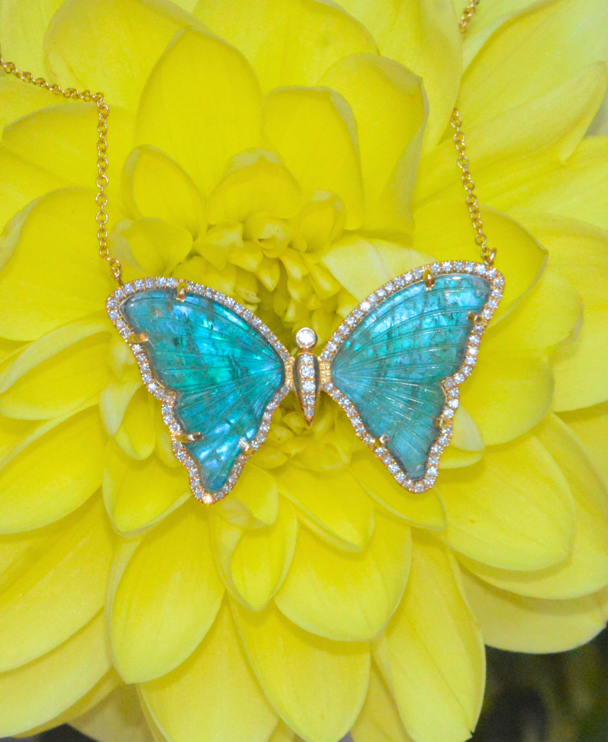 Deep Blue Tropical Ocean Tourmaline and Pearl Doublet Butterfly Necklace with Diamonds