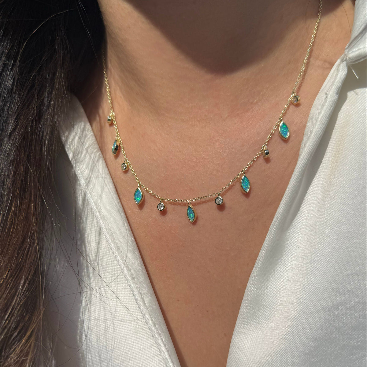 drops of spring layered opal necklaces blue green opal gold