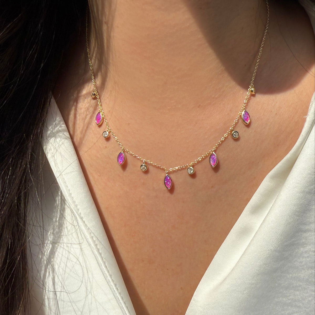 drops of spring layered opal necklaces fuchsia opal pink gold