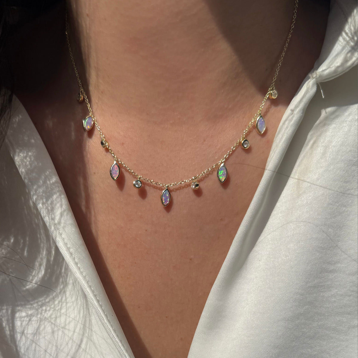 drops of spring layered opal necklaces lavender gold