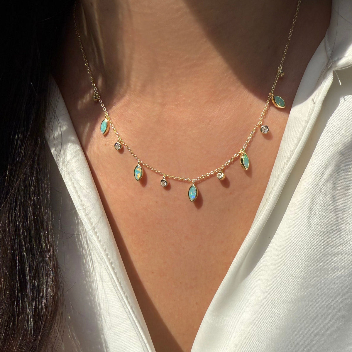 drops of spring layered opal necklaces light green opal gold