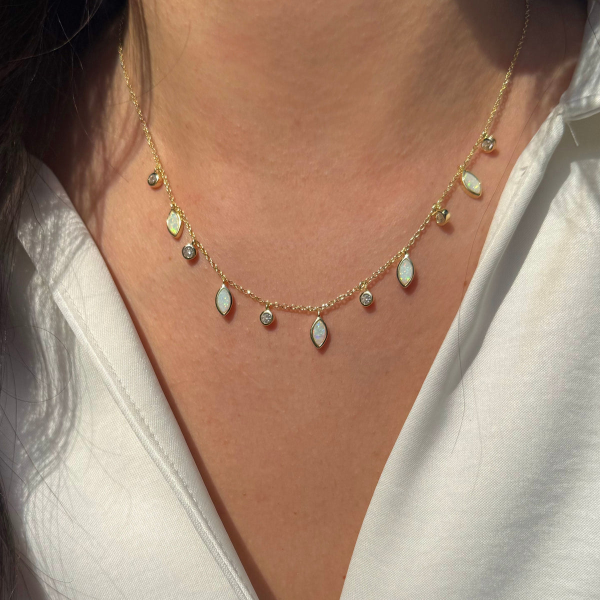 drops of spring layered opal necklaces white opal gold