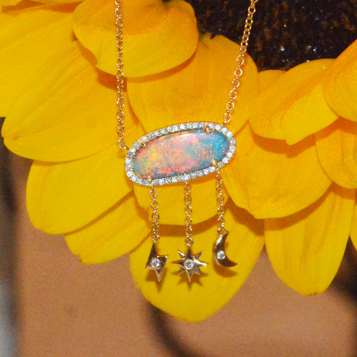 Fire Opal Necklace With Celestial Drops in Lab Created Diamonds