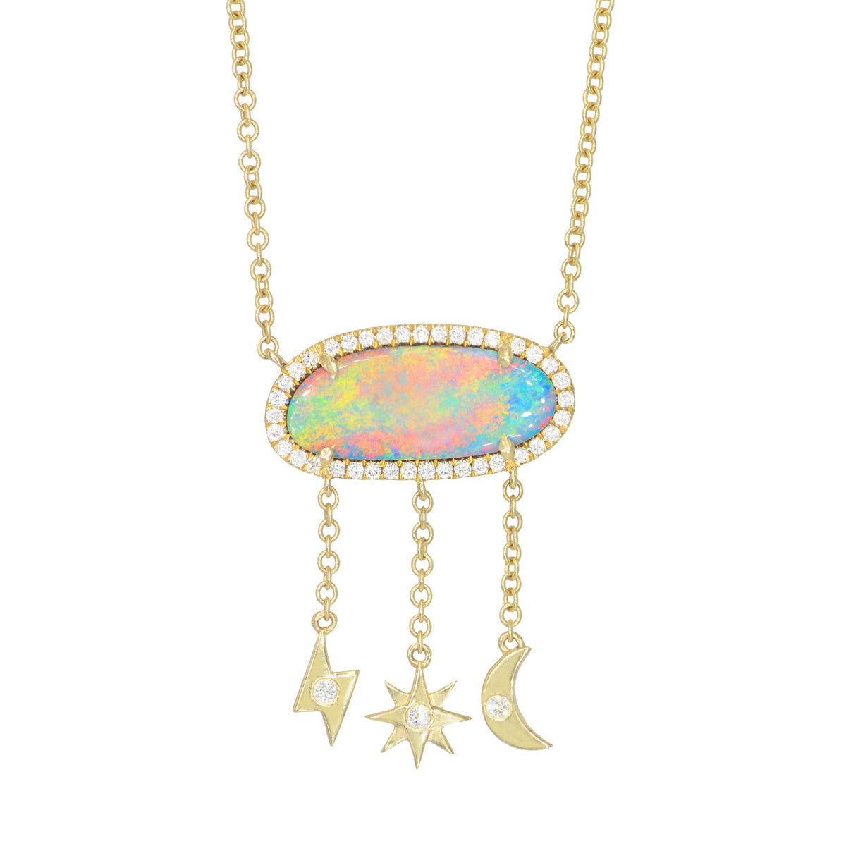 Fire Opal Necklace With Celestial Moon and Star Drops in Lab-Grown Diamonds