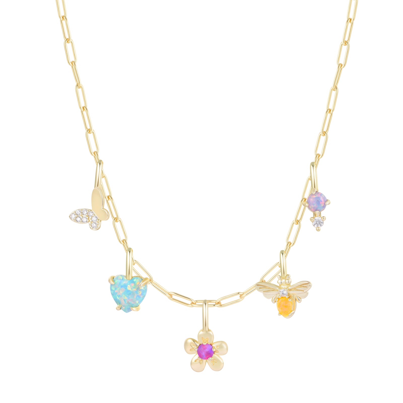 Flower Garden Charm Necklace With Opals on Paperclip Chain