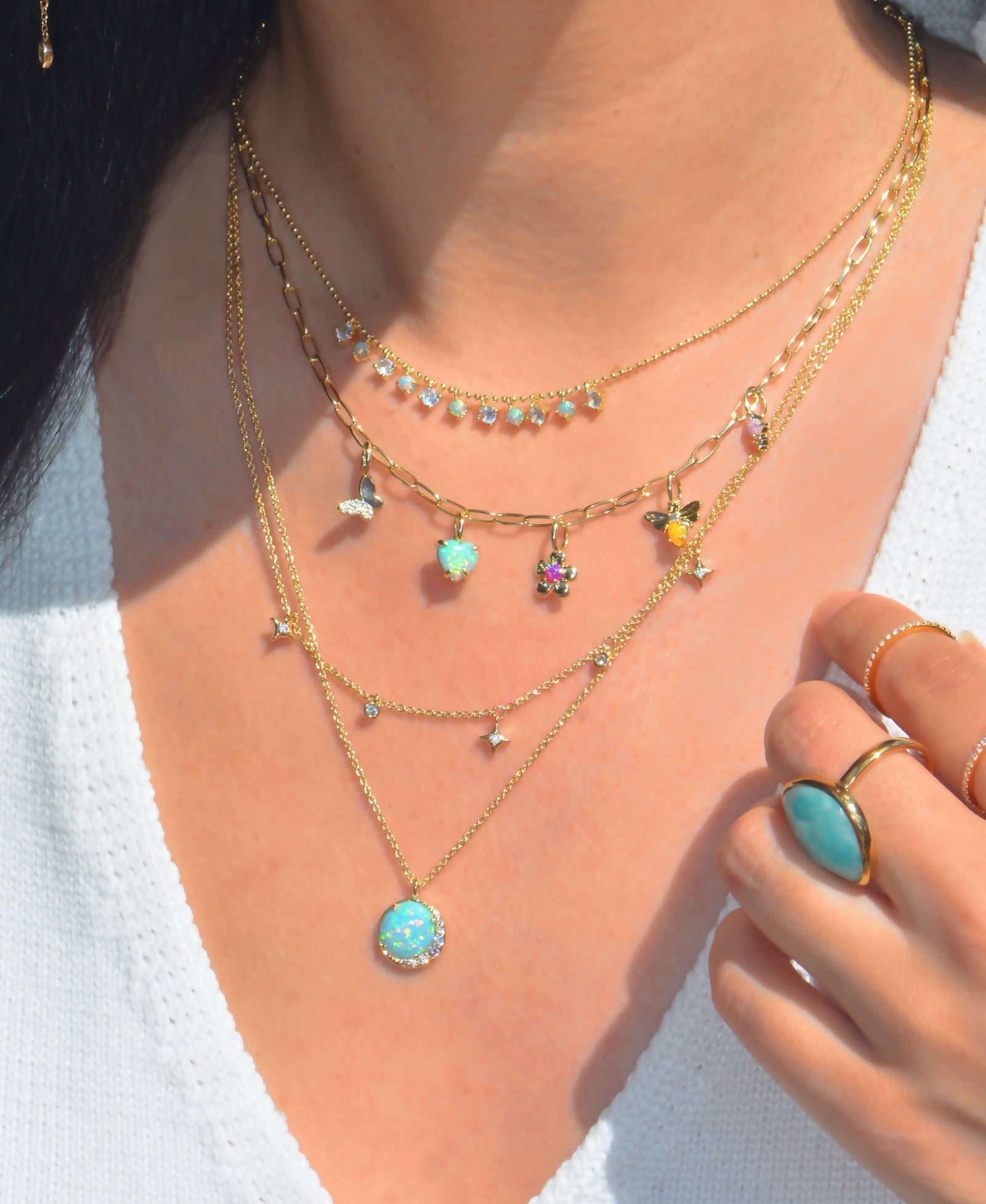 Flower Garden Charm Necklace With Opals on Paperclip Chain