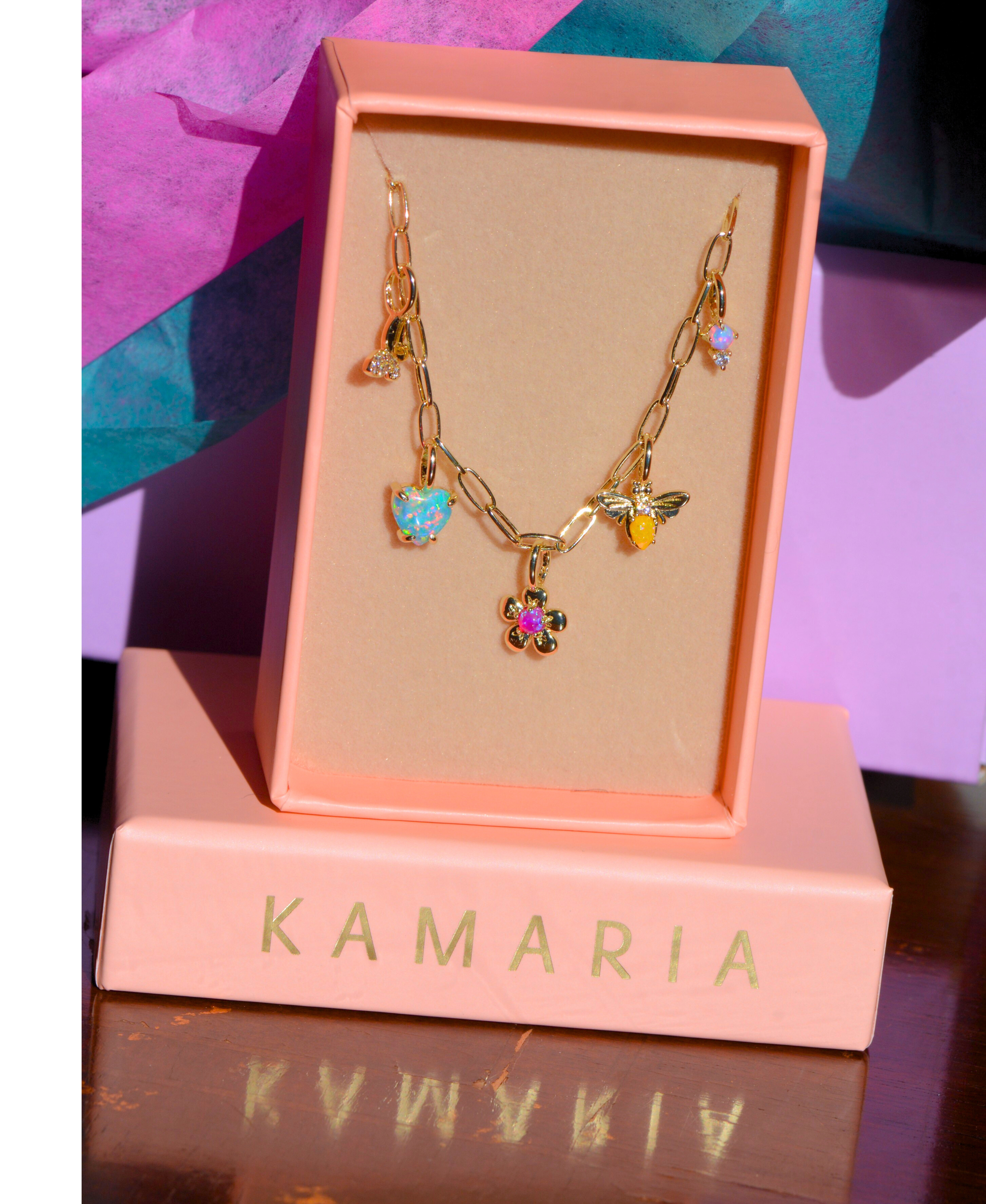 Flower Garden Charm Necklace With Opals on Paperclip Chain