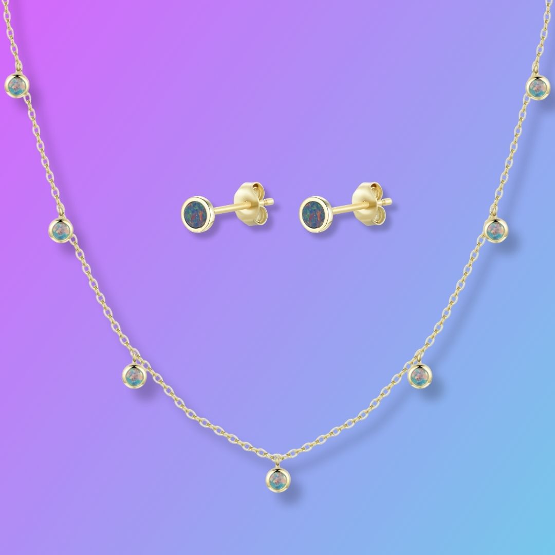Gift Set | Opal Dew Drops Reversible Layering Necklace with Opal Studs