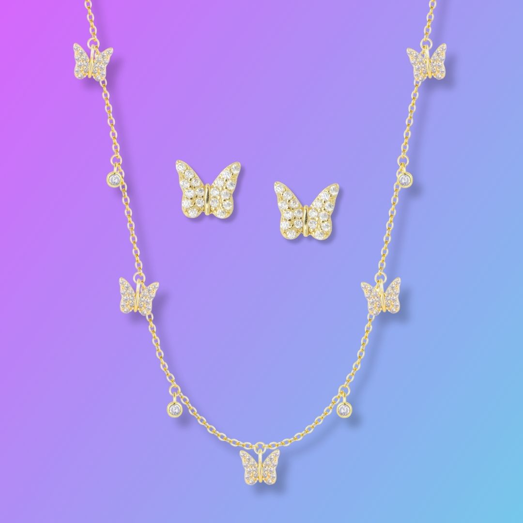 Gift Set | Butterfly Charm Choker Necklace with Butterfly Studs