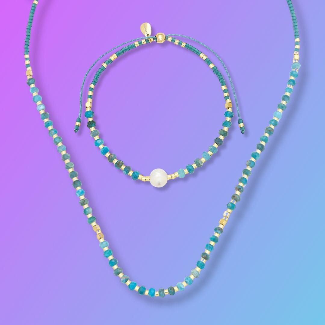 Gift Set | Lumira Necklace with Mini Pearl and Gemstone Adjustable Bracelet
