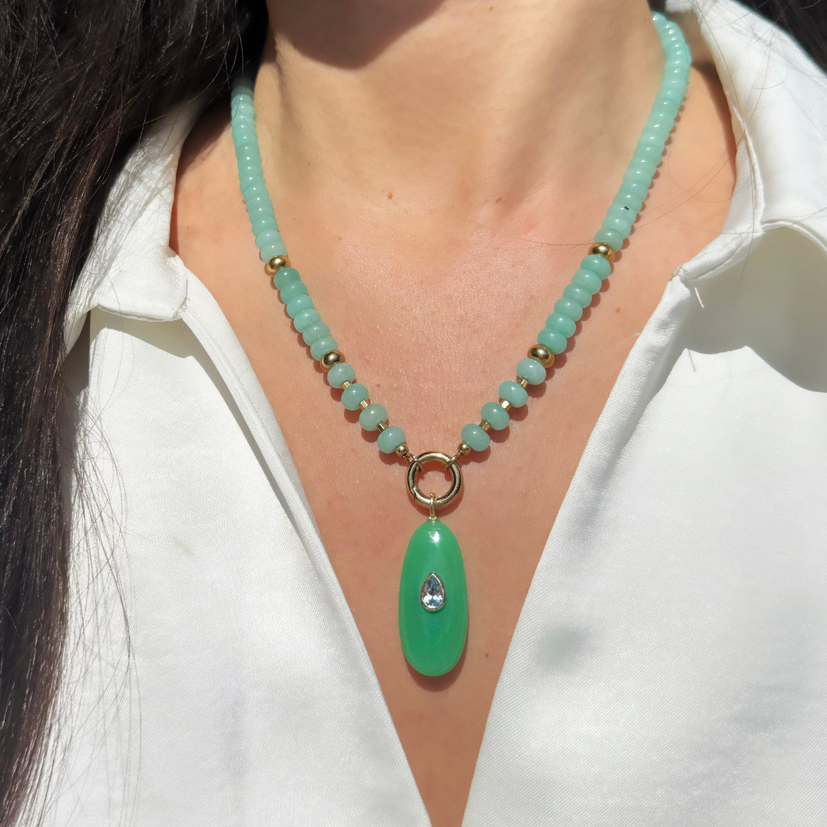 Green Chrysoprase Gemstone Pendant With Topaz