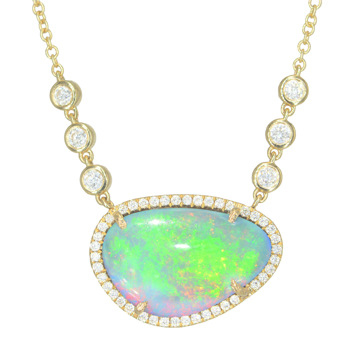 Green Fire Opal Necklace With Lab Created Diamonds