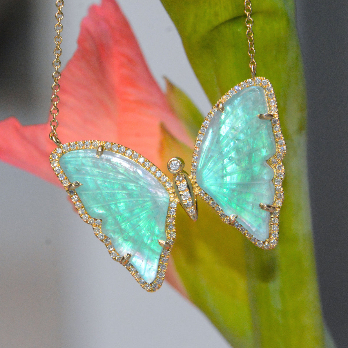 Green Tourmaline Pearl Doublet Butterfly Necklace With Diamonds