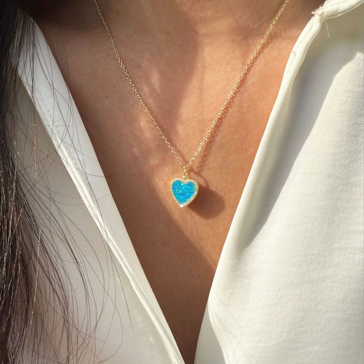 Opal Heart Necklace With Crystals Blue Opal Gold