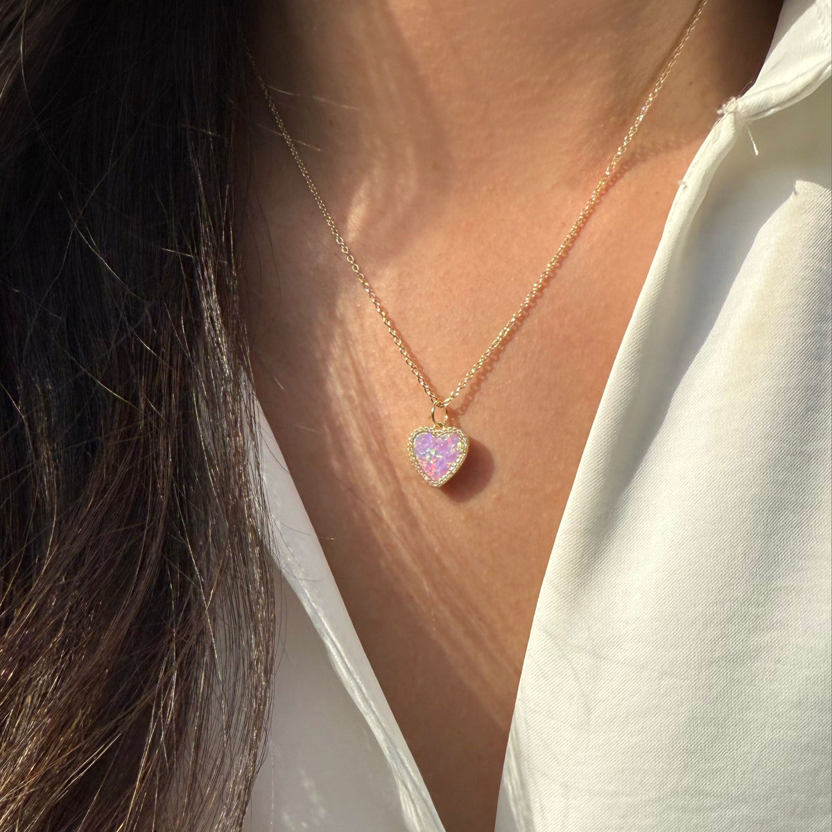 Opal Heart Necklace With Crystals lavender opal