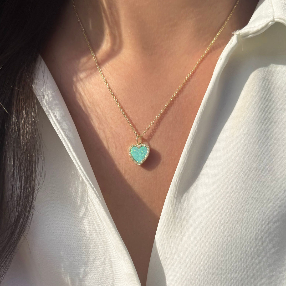 Opal Heart Necklace With Crystals light green opal