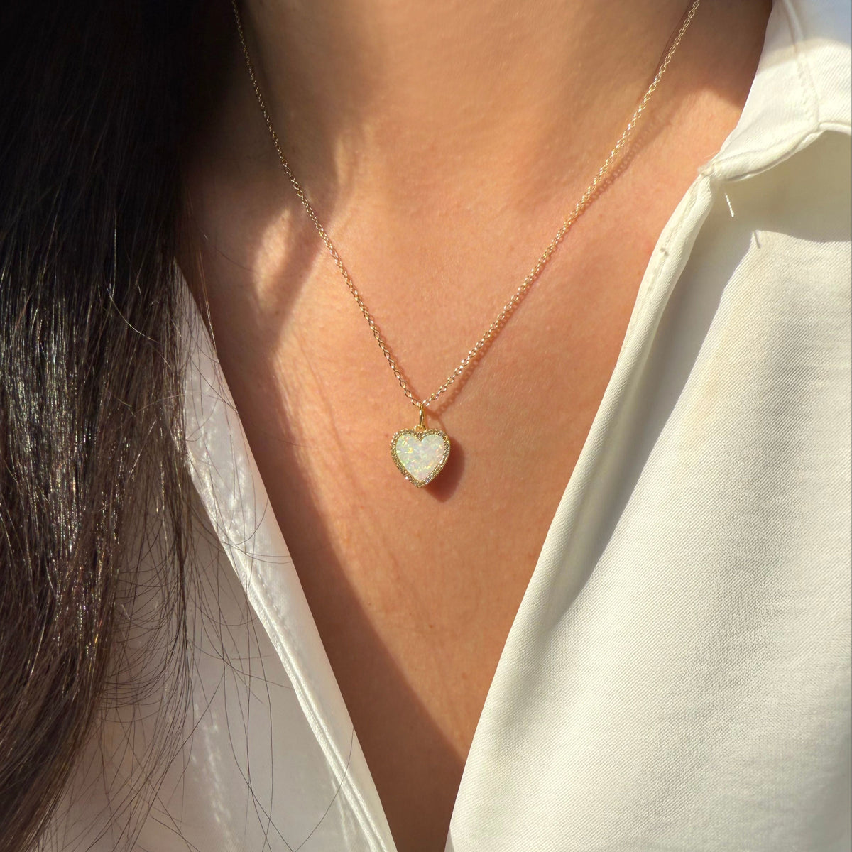 Opal Heart Necklace With Crystals white opal gold