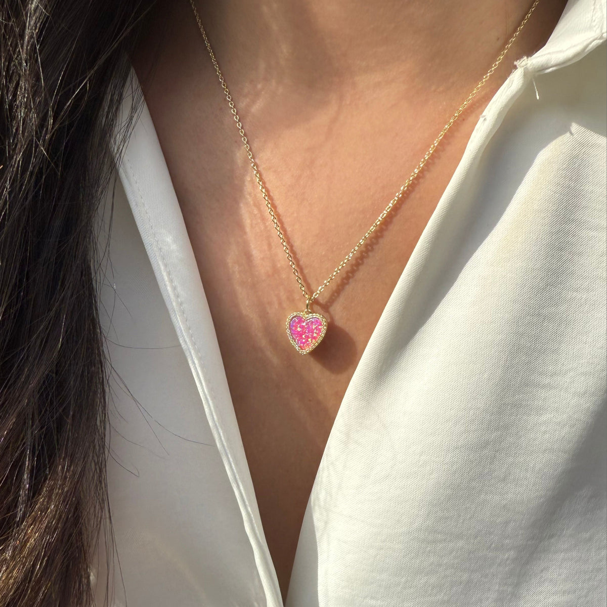 Opal Heart Necklace With Crystals Pink Opal