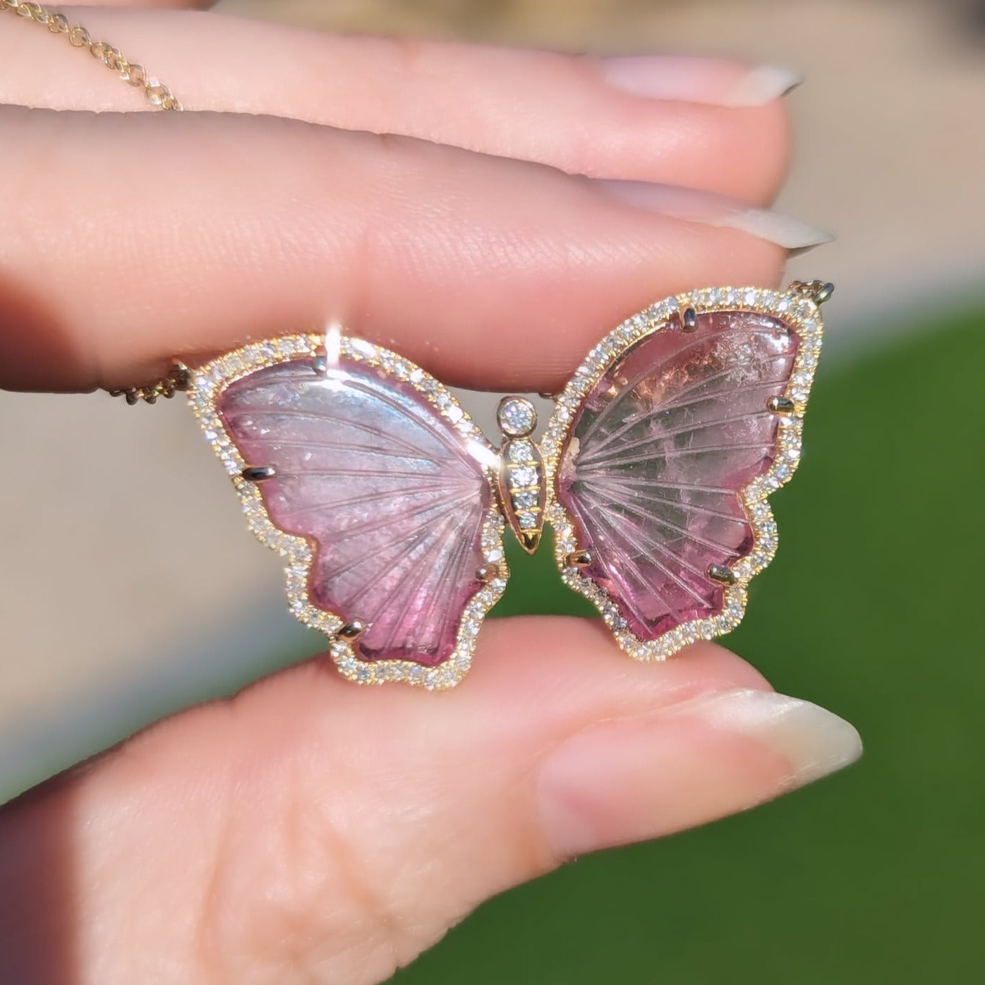Pink Tourmaline Butterfly Necklace with Diamonds