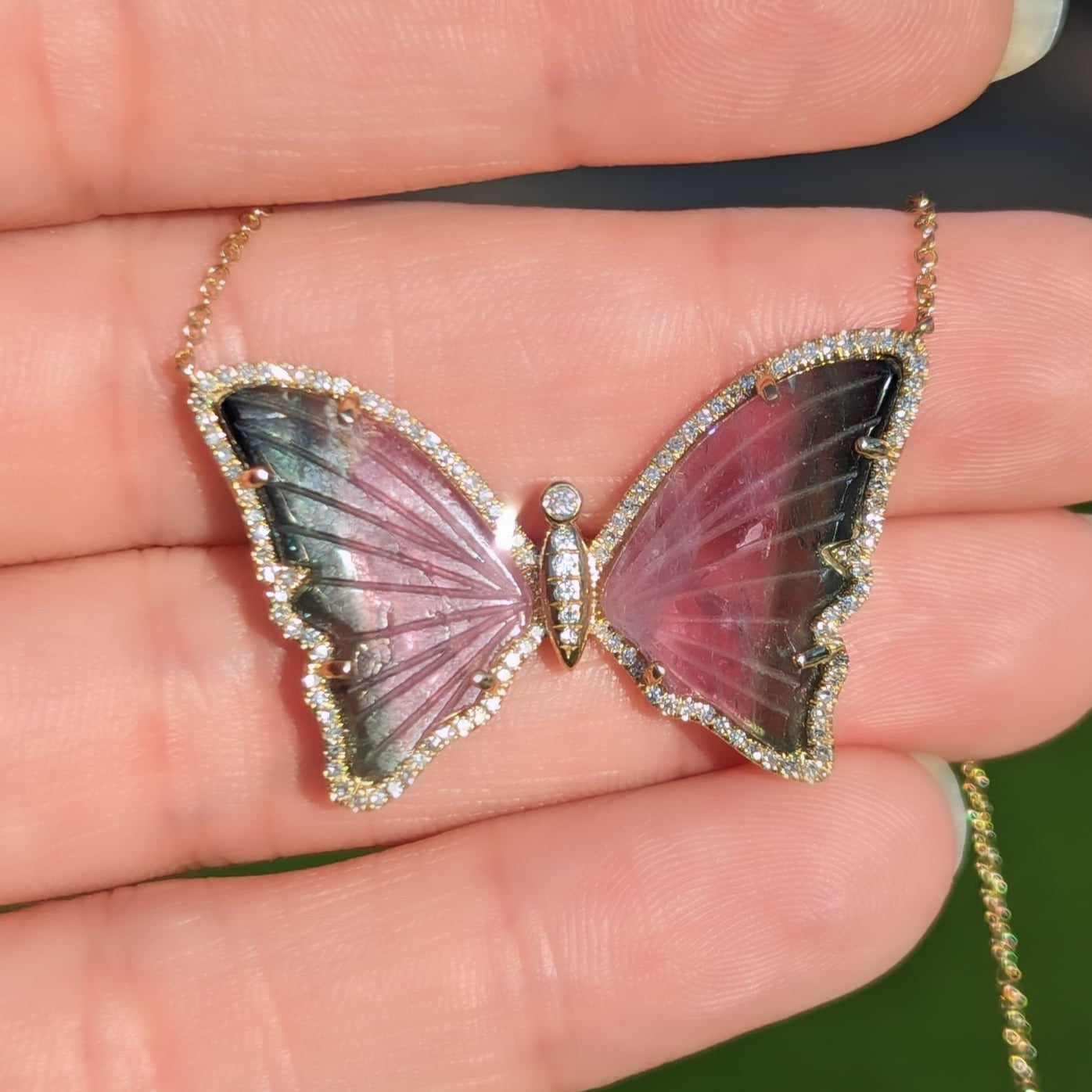 Bicolor Deep Watermelon Tourmaline Butterfly Necklace with Diamonds