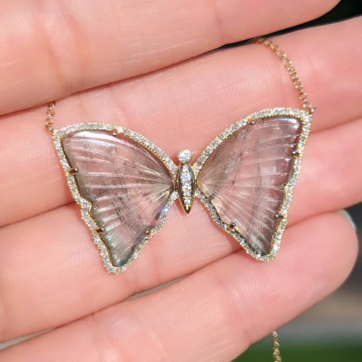 Large Mauve Multi-colored Pastel Tourmaline Butterfly Necklace with Diamonds