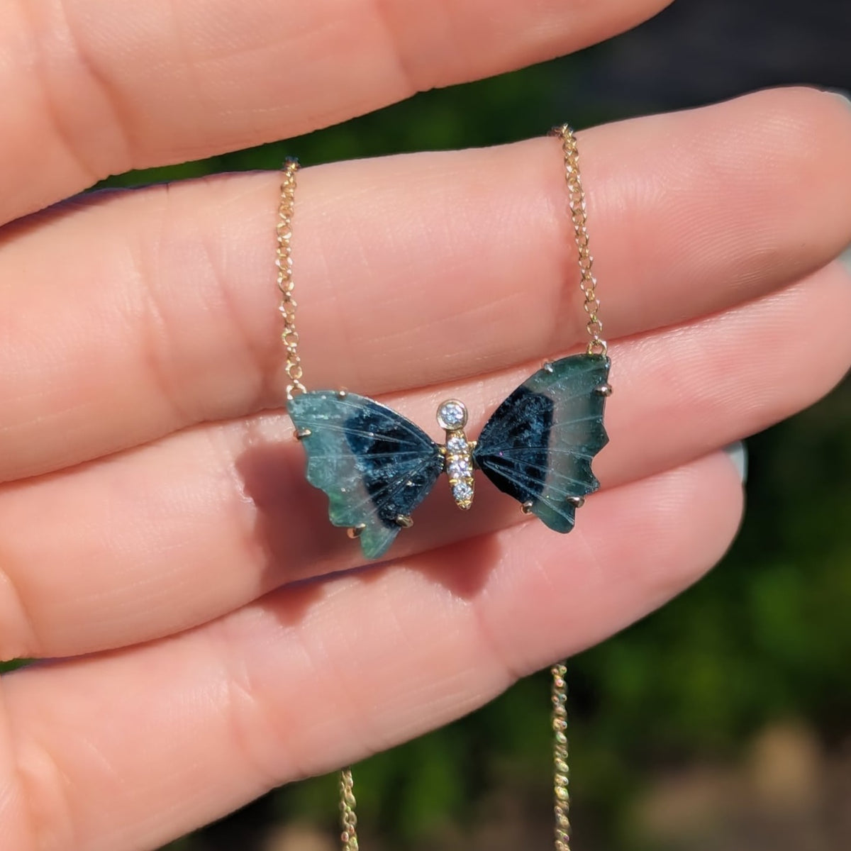 Mini Blue and Navy Tourmaline Butterfly Necklace with Prongs