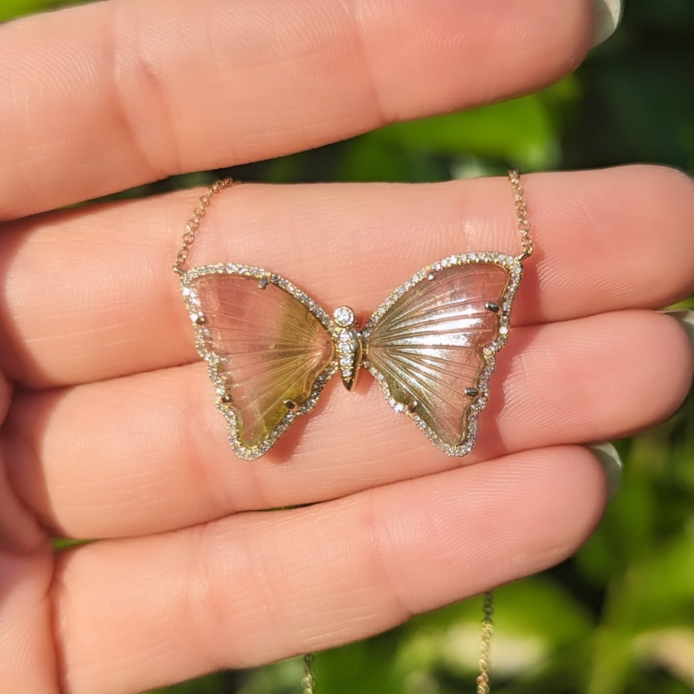 Watermelon Pink White and Green Tourmaline Butterfly Necklace with Diamonds
