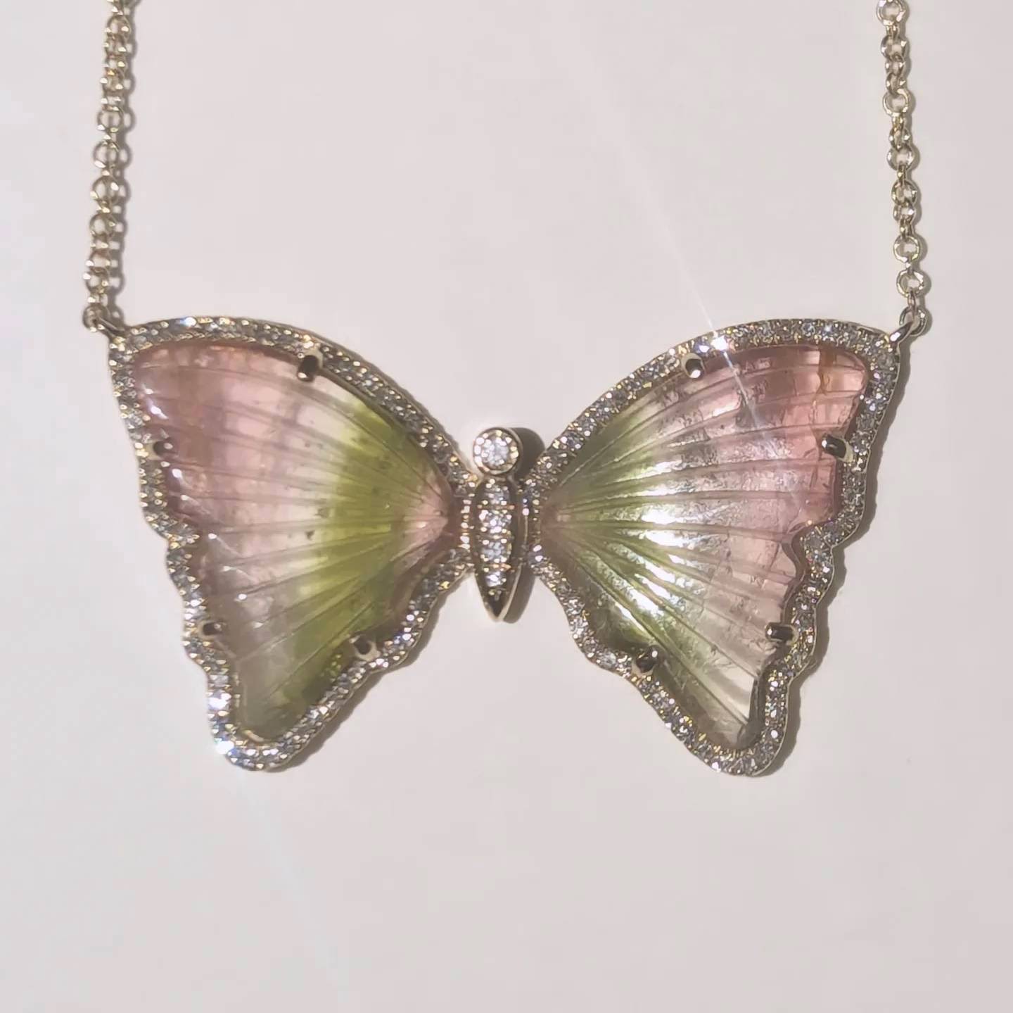 Watermelon Pink White and Green Tourmaline Butterfly Necklace with Diamonds