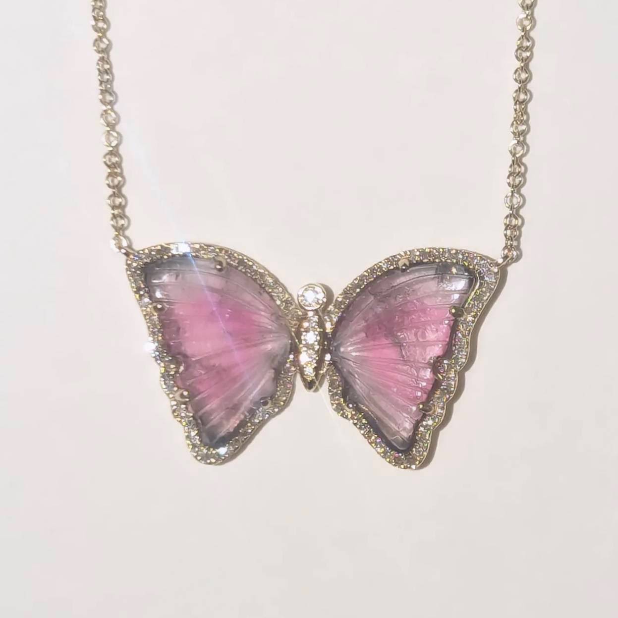 Pink and Purple Tourmaline Butterfly Necklace with Diamonds