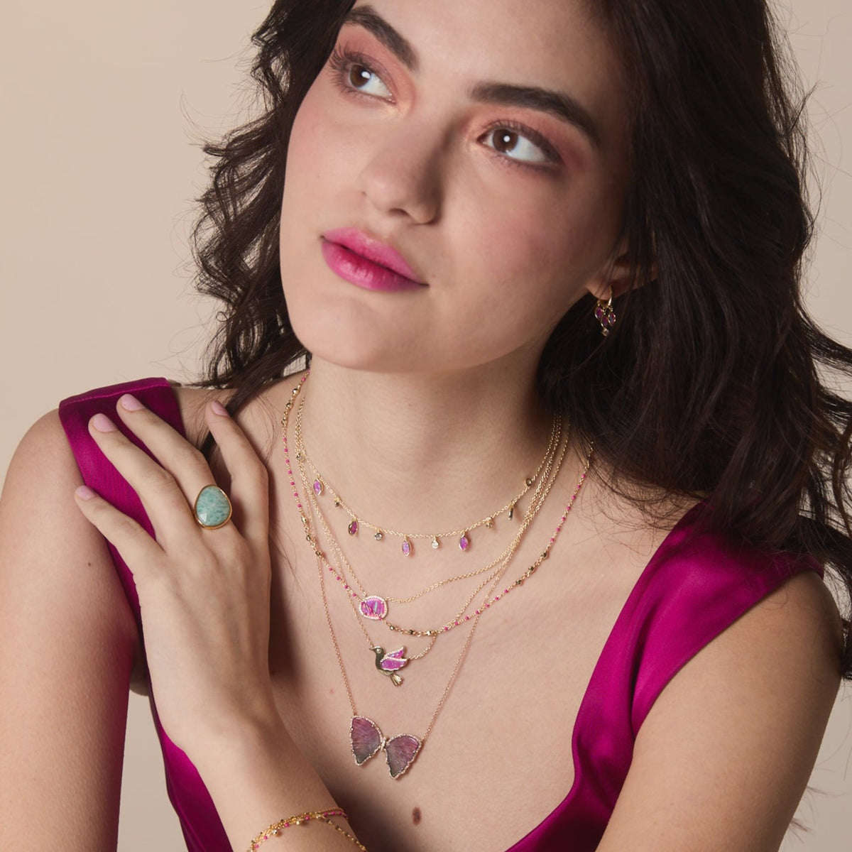 opal bird pink layered necklaces butterfly drops of spring kokoto