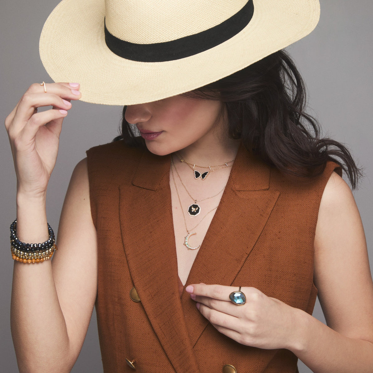 layered black onyx necklace butterfly moon bracelet charms ring