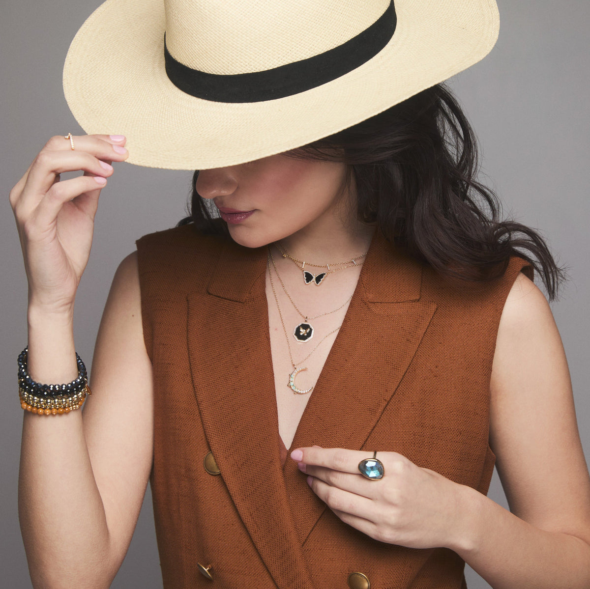crescent moon butterfly medallion and black onyx necklace layered