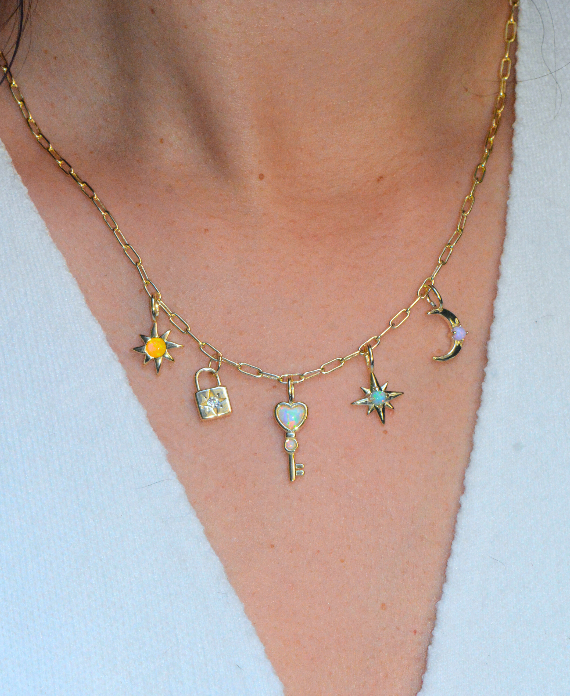 Lock and Key Charm Necklace With Opals on Paperclip Chain