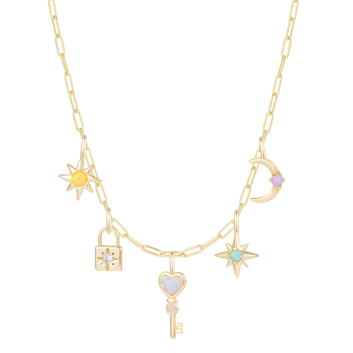 Lock and Key Charm Necklace With Opals on Paperclip Chain