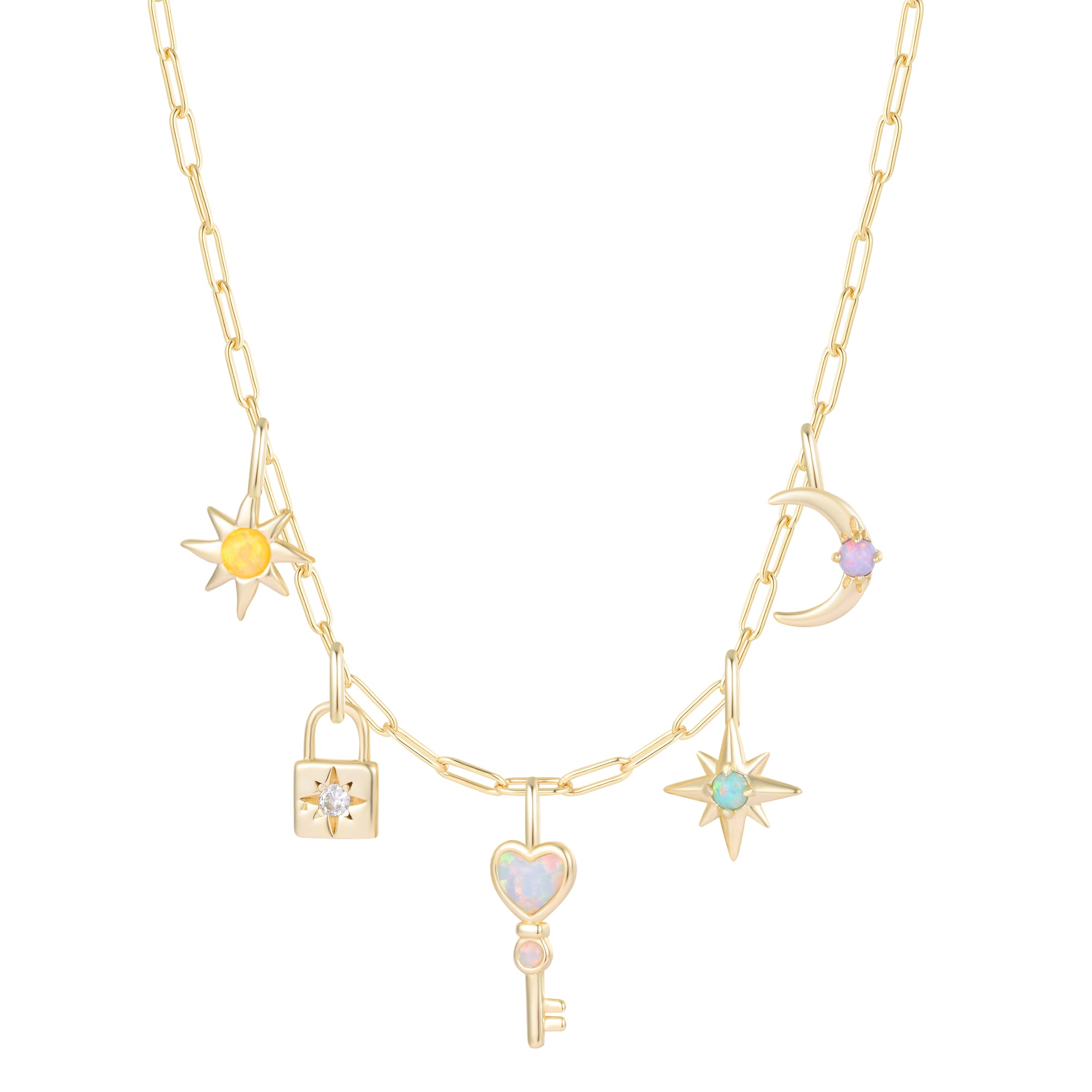 Lock and Key Charm Necklace With Opals on Paperclip Chain