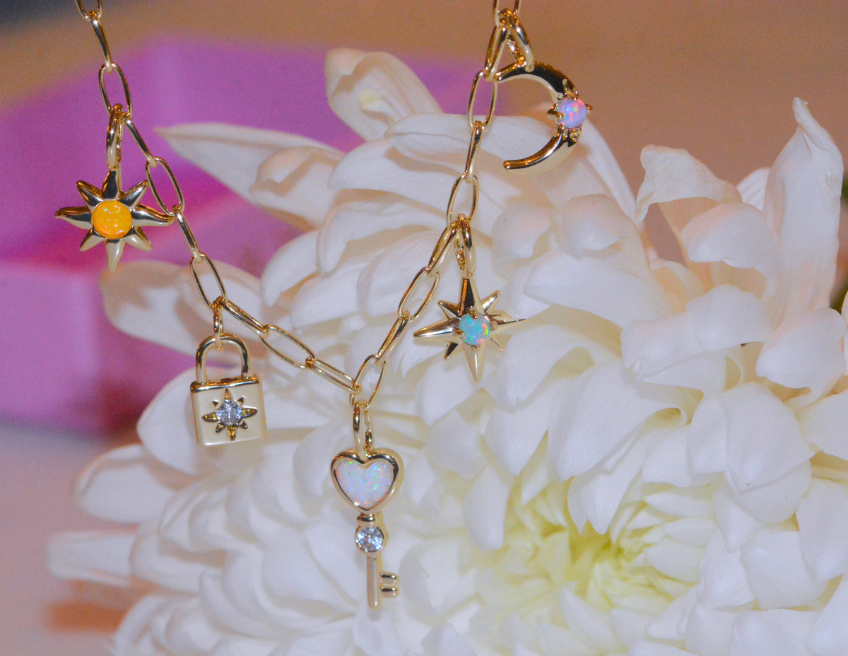 Lock and Key Celestial Charm Necklace With Opals on Paperclip Chain