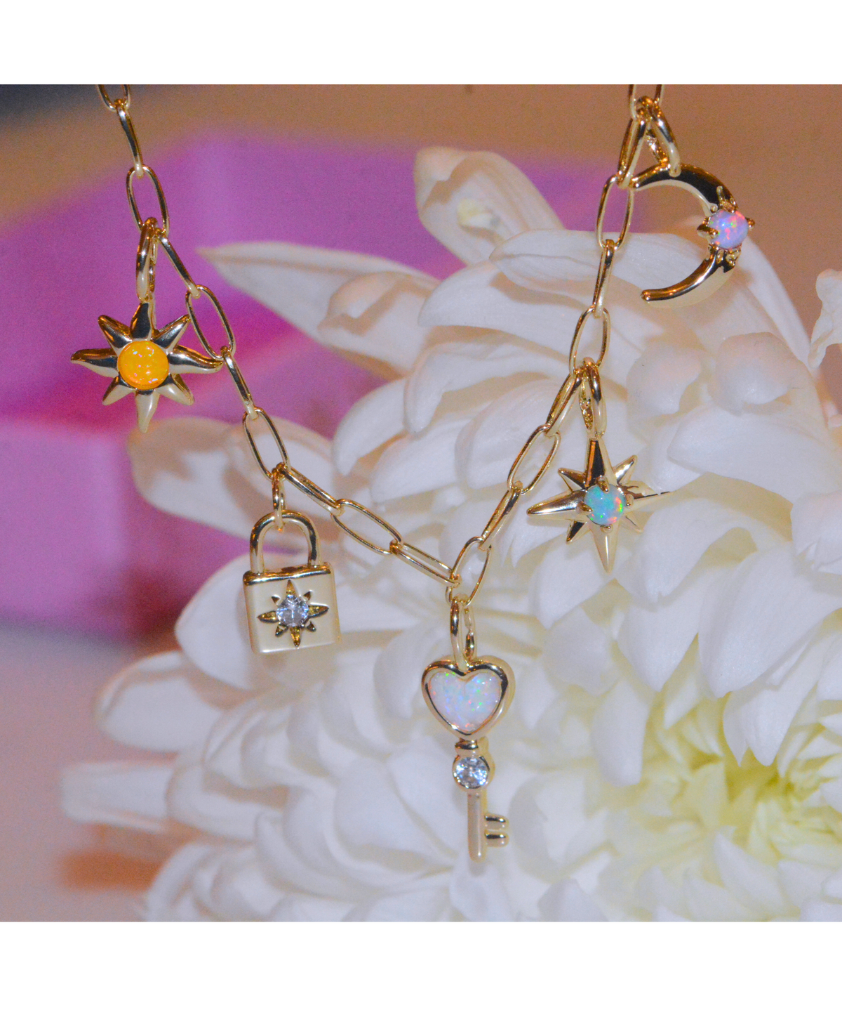 Gift Set | Flower Garden Charm Necklace With Opals on Paperclip Chain with Opal Bee Stud