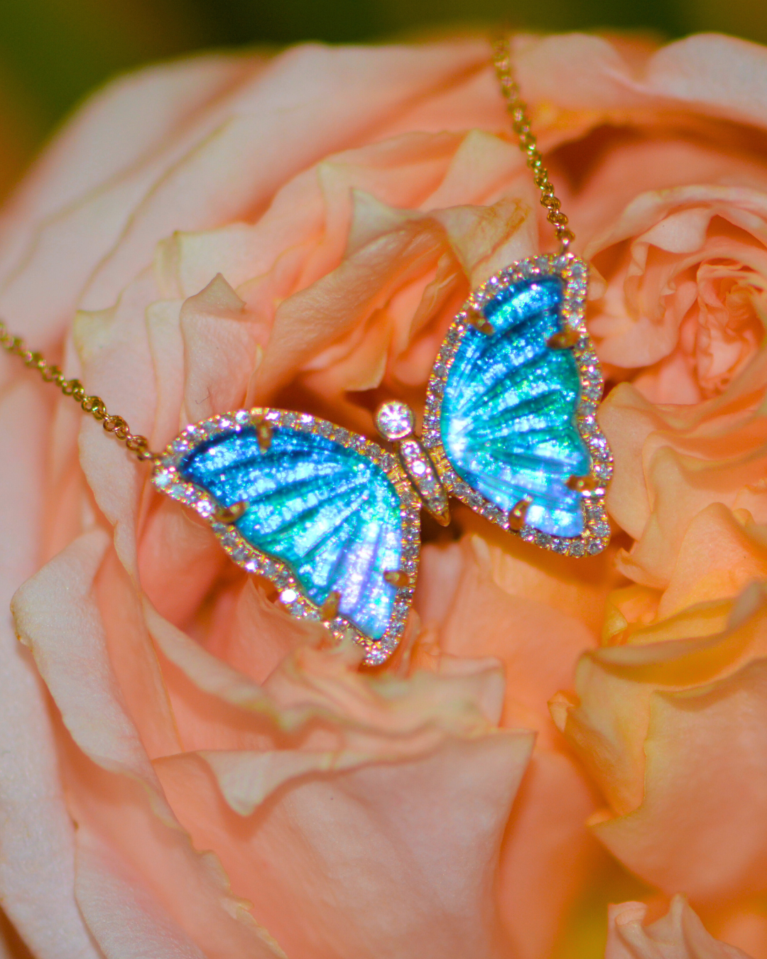 Midnight Blue Ombre Ocean Topaz Butterfly Necklace With Diamonds