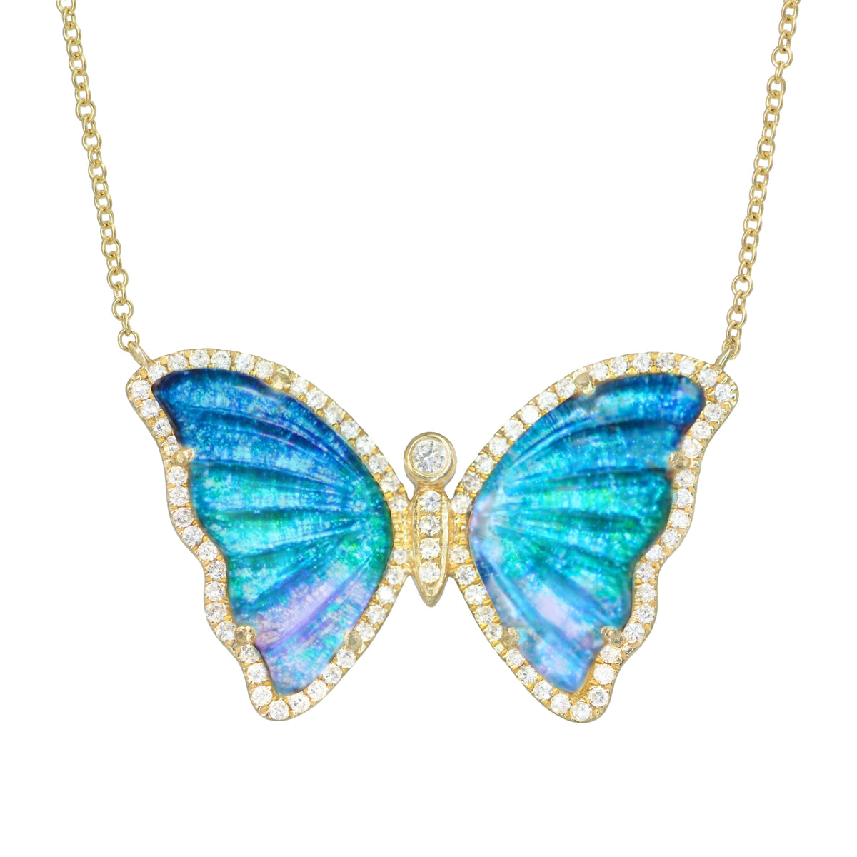 Midnight Blue Ombre Ocean Topaz Butterfly Necklace With Diamonds